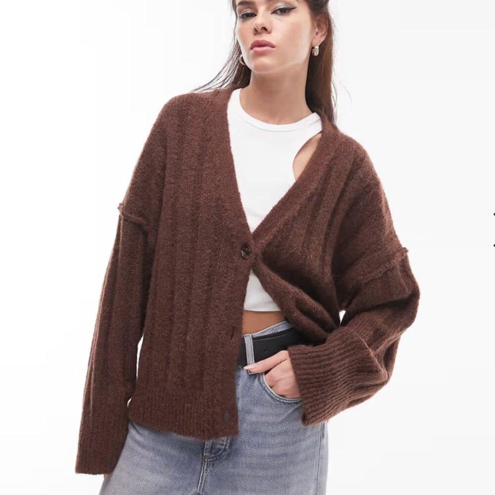 TOPSHOP knitted fluffy v-neck wide rib cardigan in brown